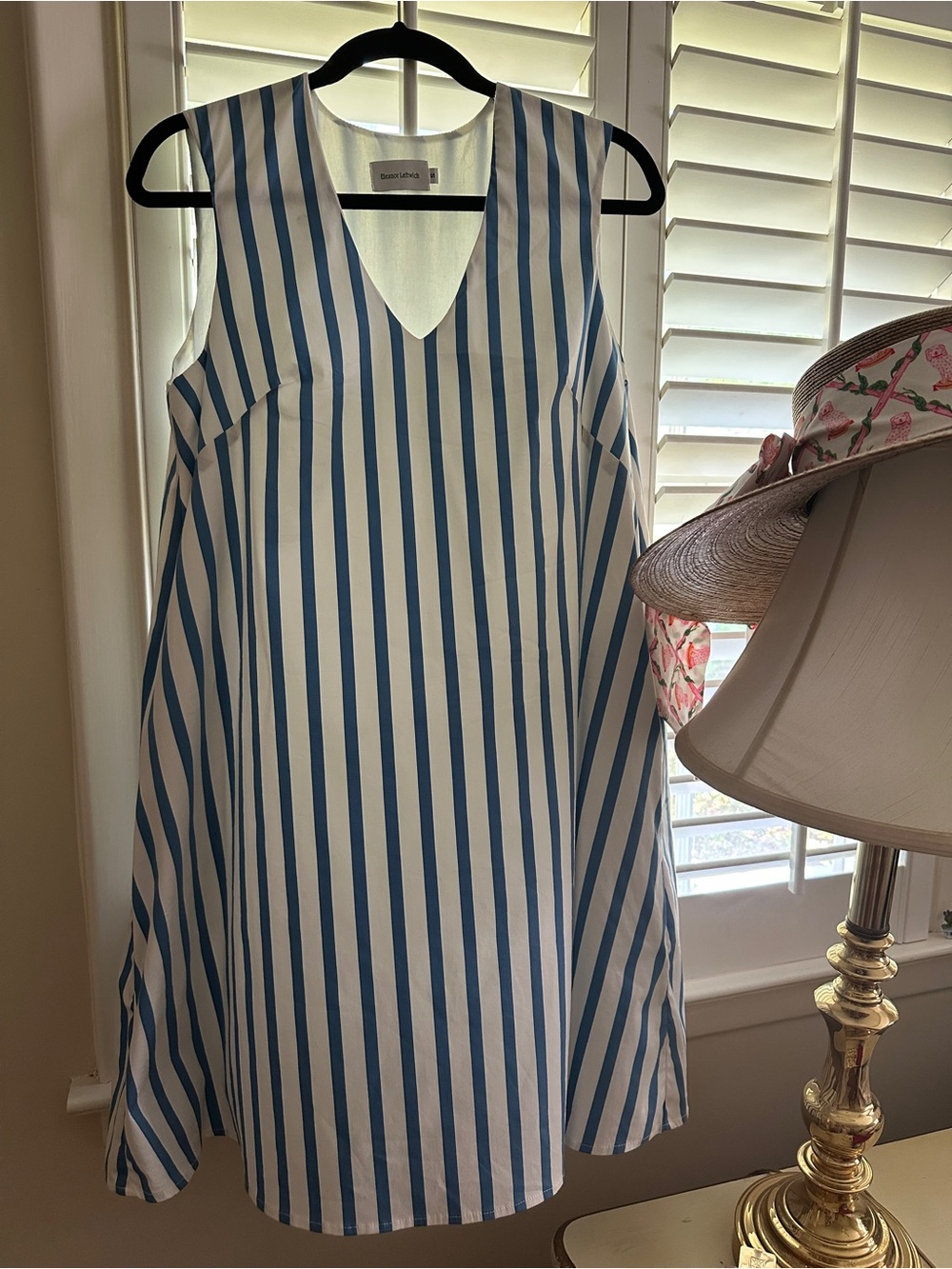 NWOT Eleanor Leftwich Erin - Striped Blue & White V-Neck Sleeveless Mini Dress